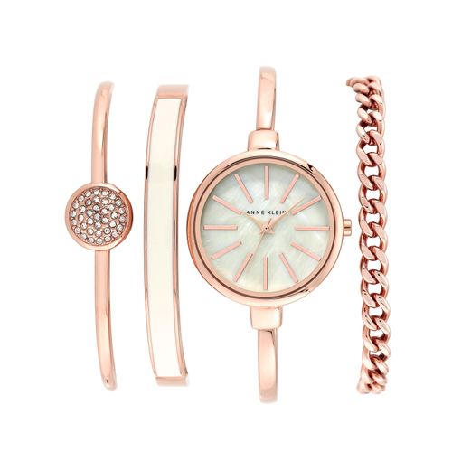 Damenuhr Geschenk-Set elfenbein/ roségold mit Armreif, Bangle und Kette und echten Kristallen