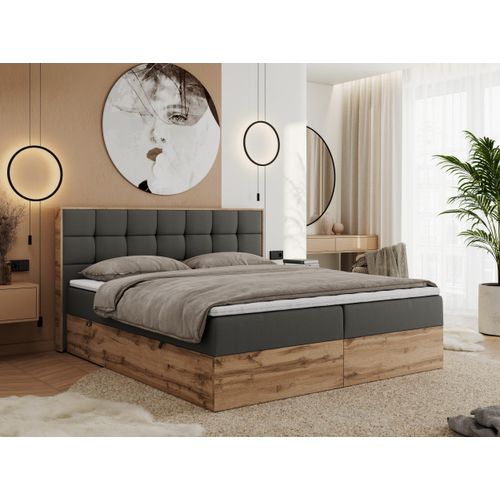 MKS MEBLE Boxspringbett 140x200 mit Bettkasten Eiche, Polsterbett 140x200 mit Matratze H3, Bett 140x200 mit Kopfteil, Eiche Wotan - 140x200 - Dunkelgrau Kunstleder - Albero-1