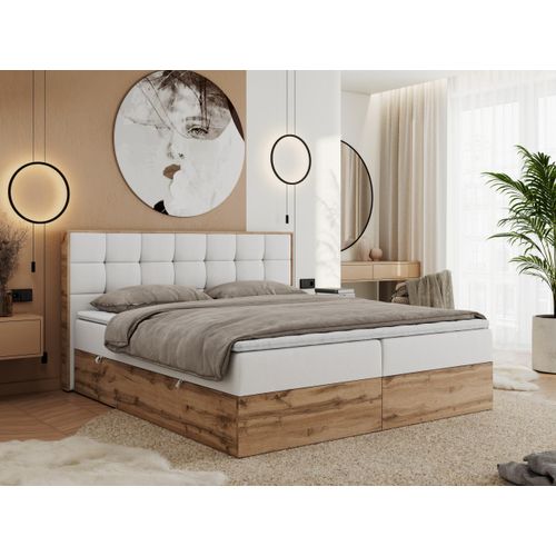 MKS MEBLE Boxspringbett 140x200 mit Bettkasten Eiche, Polsterbett 140x200 mit Matratze H3, Bett 140x200 mit Kopfteil, Eiche Wotan - 140x200 - Weiß Kunstleder - Albero-1