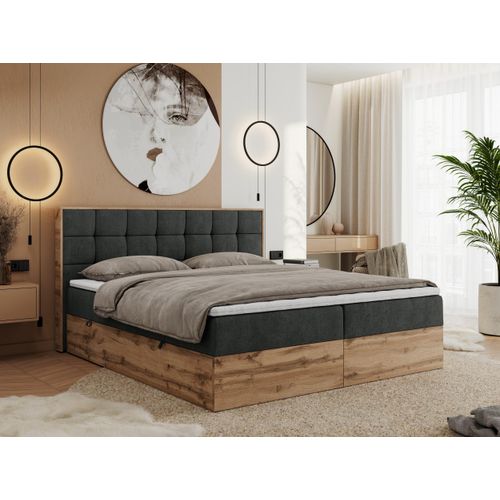 MKS MEBLE Boxspringbett 140x200 mit Bettkasten Eiche, Polsterbett 140x200 mit Matratze H3, Bett 140x200 mit Kopfteil, Eiche Wotan - 140x200 - Dunkelgrau Struktur - Albero-1