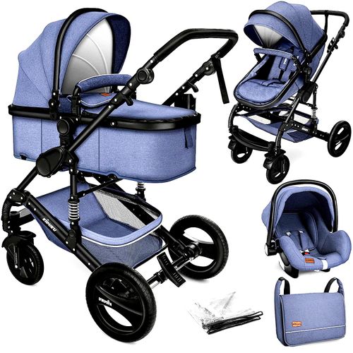 Kiduku Kinderwagen Komplettset, Kombikinderwagen Set inkl. Babywanne Buggy Auto-Babyschale Fußsack, Voll-Gummireifen Wickeltasche Regenschutz Kindertisch (Schwarz/Blau)