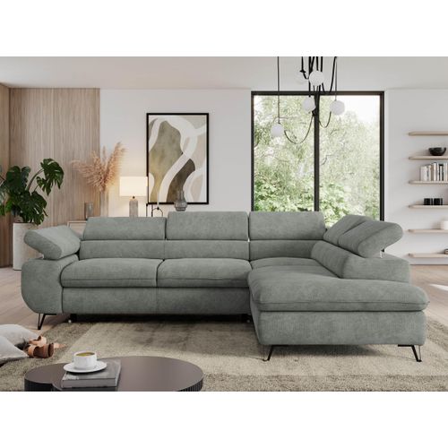 Couch, L-förmig ecksofa, mit Schlaffunktion und Verstellbare Kopfstützen, Bettkasten - PEDRO L - Struktur - Grau - Rechts