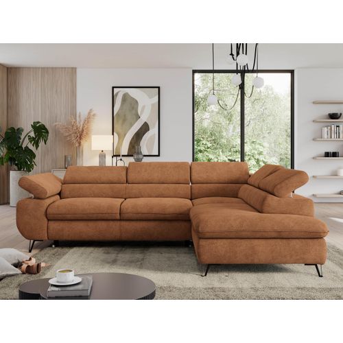 Couch, L-förmig ecksofa, mit Schlaffunktion und Verstellbare Kopfstützen, Bettkasten - PEDRO L - Struktur - Orange - Rechts