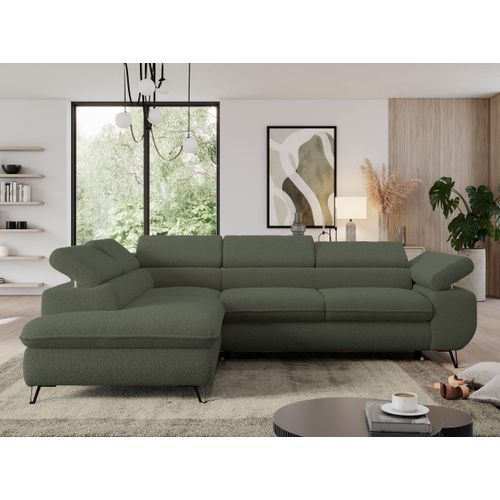 Couch mit Schlaffunktion, L-form Ecksofa, Wohnzimmersofa, mit Einstellbare Kopfstützen - PEDRO L - Boucle - Grün - Links