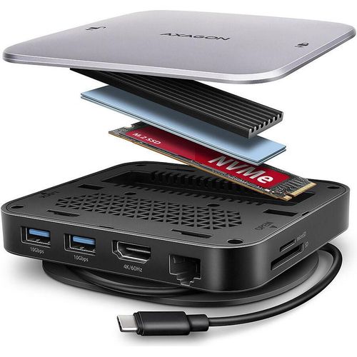 AXAGON HMC-UFO, USB-C 10Gbps Hub, 2x USB-A, USB-C, HDMI 4k/60Hz, RJ-45, SD/mSD, M.2 Steckplatz, Audio, PD