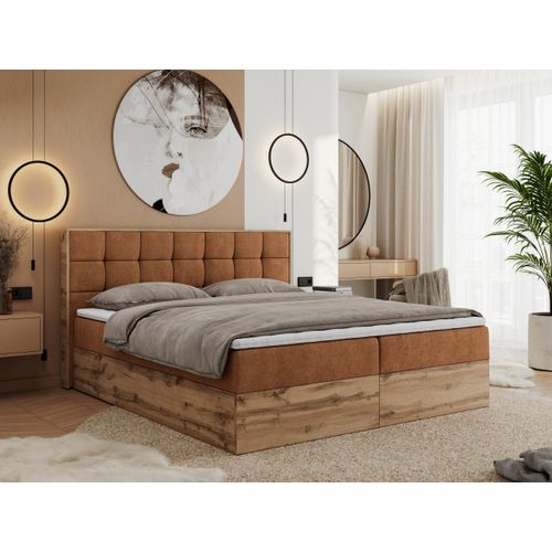 MKS MEBLE Boxspringbett 120x200 mit Bettkasten Eiche, Polsterbett 120x200 mit Matratze H3, Bett 120x200 mit Kopfteil, Eiche Wotan - 120x200 - Orange Struktur - Albero-1