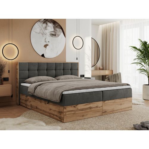 MKS MEBLE Boxspringbett 120x200 mit Bettkasten Eiche, Polsterbett 120x200 mit Matratze H3, Bett 120x200 mit Kopfteil, Eiche Wotan - 120x200 - Dunkelgrau Velvet - Albero-1