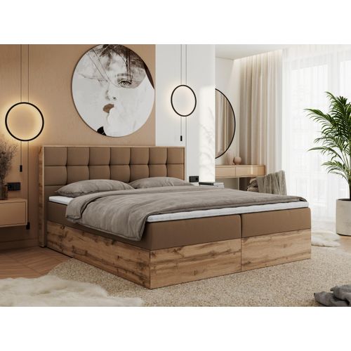 MKS MEBLE Boxspringbett 120x200 mit Bettkasten Eiche, Polsterbett 120x200 mit Matratze H4, Bett 120x200 mit Kopfteil, Eiche Wotan - 120x200 - Braun Kunstleder - Albero-1
