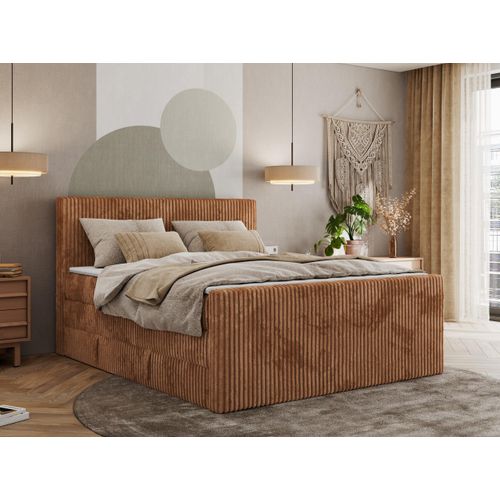 MKS MEBLE Boxspringbett mit zwei Bettkästen TILIANO KING DUO, Doppelbett aus Cordstoff, 7 Härtezonen Multipocket-Matratzen, Doppelbett mit Stauraum - 180x200 - H4 - Orange Cord