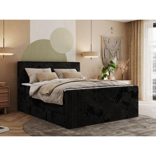 MKS MEBLE Boxspringbett mit zwei Bettkästen TILIANO KING DUO, Doppelbett aus Cordstoff, 7 Härtezonen Multipocket-Matratzen, Doppelbett mit Stauraum - 180x200 - H3 - Schwarz Cord