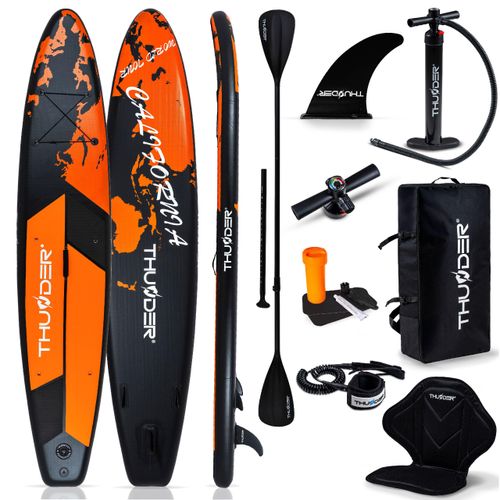 THUNDER® Stand Up Paddle Board | EARTH | 365x75x15cm | Orange | Bis 150kg | Komplettset | Aufblasbar | Paddleboard | SUP Zubehöre | Kajak Sitz |