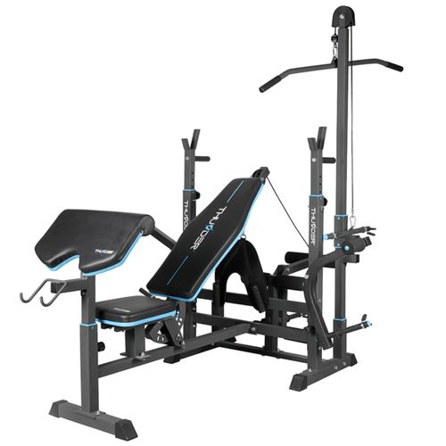 THUNDER® Hantelbank VIGOR-C mit Latzugturm und Langhantel-Ablage, Curlpult und Butterfly-verstellbare Trainingsbank, bis 120kg belastbar, Bauchtrainer
