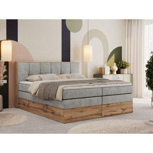 MKS MEBLE Boxspringbett, Doppelbett mit zwei Multipocket-Matratzen ALBERO 1 KING, Bettkästen und Kopfteil, Holzkiste in Wotan-Eichenfarbe - 180x200 cm - H3 - Hellgrau Struktur