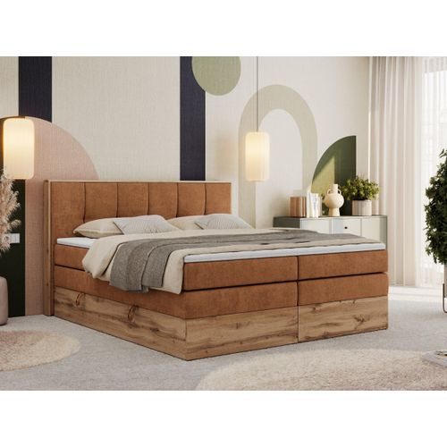 MKS MEBLE Boxspringbett, Doppelbett mit zwei Multipocket-Matratzen ALBERO 1 KING, Bettkästen und Kopfteil, Holzkiste in Wotan-Eichenfarbe - 140x200 cm - H4 - Orange Struktur