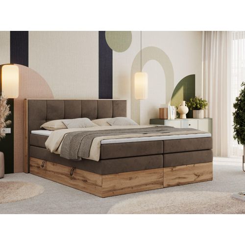 MKS MEBLE Boxspringbett, Doppelbett mit zwei Multipocket-Matratzen ALBERO 1 KING, Bettkästen und Kopfteil, Holzkiste in Wotan-Eichenfarbe - 180x200 cm - H4 - Braun Velvet