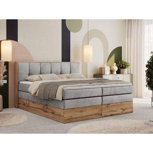 MKS MEBLE Boxspringbett, Doppelbett mit zwei Multipocket-Matratzen ALBERO 1 KING, Bettkästen und Kopfteil, Holzkiste in Wotan-Eichenfarbe - 120x200 cm - H4 - Hellgrau Velvet
