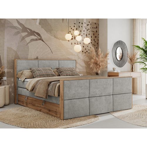 MKS MEBLE Doppelbett, Boxspringbett ALBERO 2 KING DUO mit zwei 7 Härtezonen Multipocket-Matratzen, genähtes Kopfteil und Front, Bettkästen - 120x200 cm - H4 - Hellgrau Struktur