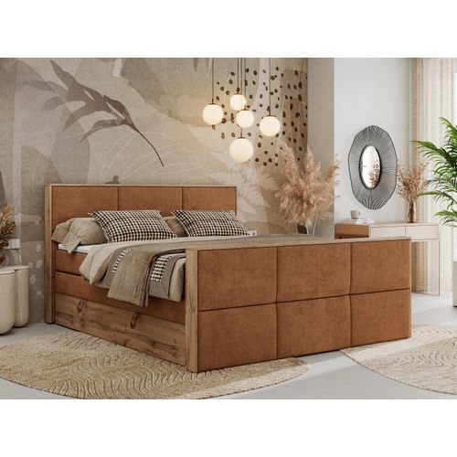 MKS MEBLE Doppelbett, Boxspringbett ALBERO 2 KING DUO mit zwei 7 Härtezonen Multipocket-Matratzen, genähtes Kopfteil und Front, Bettkästen - 200x200 cm - H4 - Orange Struktur