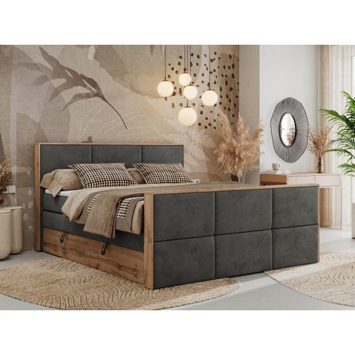 MKS MEBLE Doppelbett, Boxspringbett ALBERO 2 KING DUO mit zwei 7 Härtezonen Multipocket-Matratzen, genähtes Kopfteil und Front, Bettkästen - 200x200 cm - H4 - Dunkelgrau Velvet