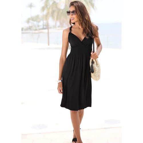 Minikleid LASCANA, Damen, Gr. 46, N-Gr, schwarz, Jersey, Obermaterial: 100% Viskose, unifarben, feminin, figurbetont knielang, V-Ausschnitt, ohne Ärmel, Kleider, mit verstellbarem Ausschnitt und gesmokter Taille