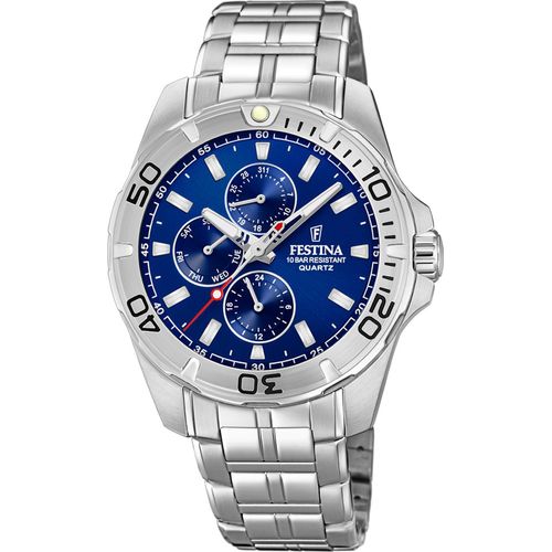 Multifunktionsuhr FESTINA, silber (silberfarben, blau), Armbanduhren, Herren, Armbanduhr, Quarzuhr, Herrenuhr, Edelstahlarmband,bis 10bar wasserd.