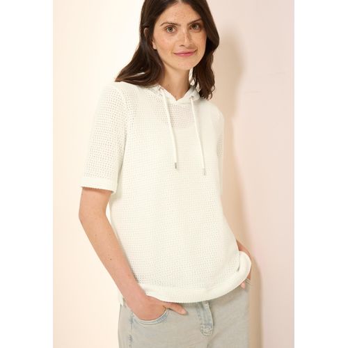 Kurzarmpullover CECIL, Damen, Gr. S (38), weiß (vanilleweiß), Strick, Obermaterial: 50% Baumwolle, 50% Polyester, unifarben, casual, normal hüftbedeckend, Rundhals, Halbarm, Pullover, mit Kapuze und in Strick-Optik
