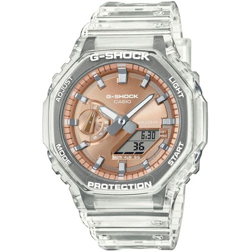 Chronograph CASIO G-SHOCK, transparent, roségoldfarben, Armbanduhren, Herren, Quarzuhr,Armbanduhr,Herrenuhr,digital, bis 20 bar wasserd.Resinarmband