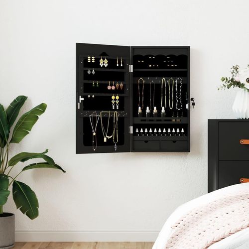 Schmuckschrank Mit Spiegel Wandmontage 37,5X10X67 Cm | Farbe: Schwarz | Größe: 37.5 x 10 x 76 cm