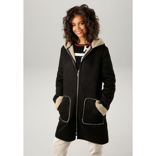Kurzmantel ANISTON CASUAL, Damen, Gr. 34, schwarz (schwarz, beige), Web, Obermaterial: 100% Polyester. Futter: 100% Polyester, unifarben, casual, figurumspielend kniefrei, Langarm Umschlagsaum, Mäntel, mit Kapuze
