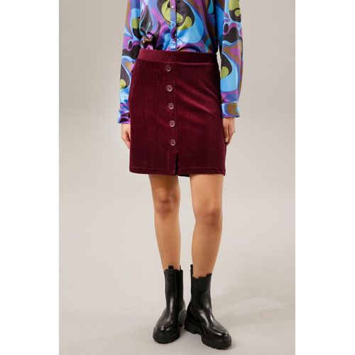 Minirock ANISTON CASUAL, Damen, Gr. 34, rot (bordeaux), Cord, Obermaterial: 67% Baumwolle, 28% Polyester, 5% Elasthan, unifarben, leicht glänzend, modisch, figurbetont kniefrei, Röcke, mit dekorativer Zierknopfleiste