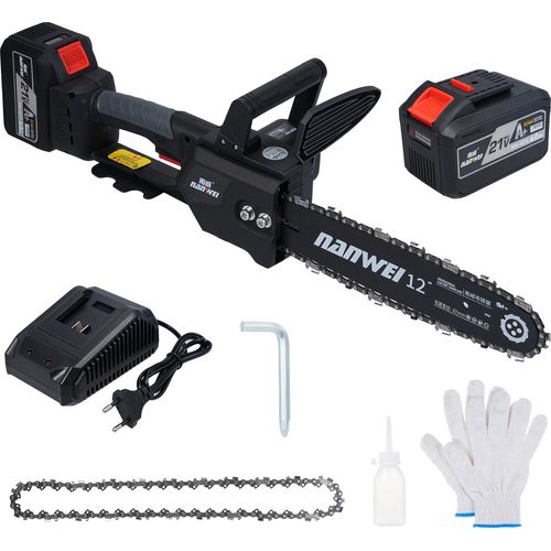 12-Zoll-Elektrokettensaege, 2000 W, buerstenlose Kettensaege, Handgefuehrte Holzsaege mit Sicherheitsverriegelung, 2 Stueck, 21 V, 6000 mAh, wiederaufladbarer Akku fuer Holzschneiden, Trimmen, Innenhof, Garten, Gebaeudedekoration, EU-Stecker