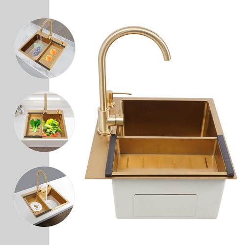 Spülen 50*45*22cm Gold Küchenspüle mit Wasserhahn Abtropfkorb Seifenspender
