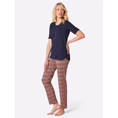 Schlafanzug WÄSCHEPUR, Damen, Gr. 36/38, bunt (marine, orange, bedruckt), 50% Baumwolle, 50% Viskose, Homewear-Sets