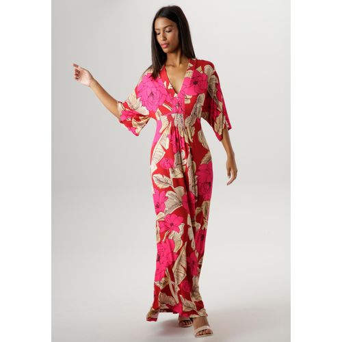 Sommerkleid ANISTON SELECTED, Damen, Gr. 44, N-Gr, bunt (rot, beige, pink), Single Jersey, Obermaterial: 95% Viskose, 5% Elasthan, bedruckt, geblümt, lässig geschnitten lang, V-Ausschnitt, weit, Kleider Sommerkleid, mit großflächigem Blüten- und Blätterdruck