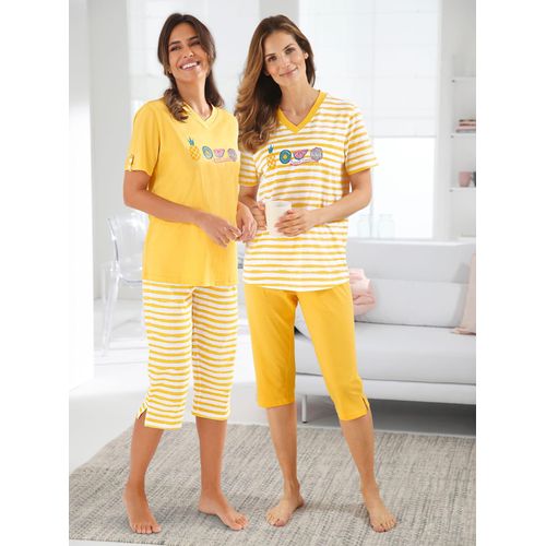 Schlafanzug COMTESSA, Damen, Gr. 48/50, gelb (gelb, gelb, geringelt), 100% Baumwolle, Kurzarm, Homewear-Sets