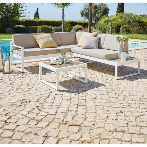 Ambia Garden Loungegarnitur , Weiß, Taupe , Kunststoff, Textil , 219x192 cm , Loungemöbel, Loungemöbel-Sets