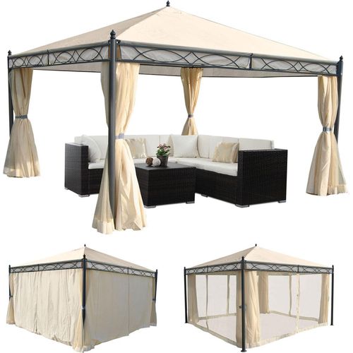 Pergola Cadiz, Garten Pavillon, stabiles 7cm-Gestell mit Seitenwand + Moskitonetz creme 4x4m