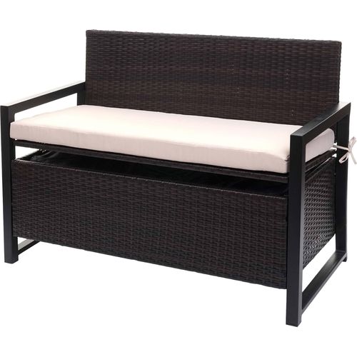 Poly-Rattan 2er Sitzbank HWC-F39, Gartenbank Truhenbank, Staufach Aufbewahrung Sitzkissen braun, Kissen beige
