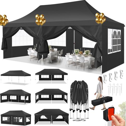 Pavillons & Partyzelte 3x6m, Festzelt Faltpavillon Gartenzelt für Garten Terrasse Feier Party, Wasserdicht & UV-Schutz mit 4 Seitenteilen und 2 Eingängen, 12 Heringe & 4 Seile & 1 Tragetasche, Schwarz