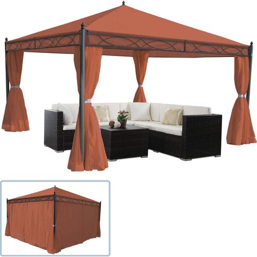 Pergola Calpe, Garten Pavillon, stabiles 7cm-Gestell mit Seitenwand terracotta-braun 4x4m