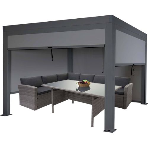 Pergola MCW-L46 mit Seitenwand, Gartenpavillon Lamellen-Pavillon Rollo, 10cm-Alu-Gestell, sturmfest 3x3m anthrazit