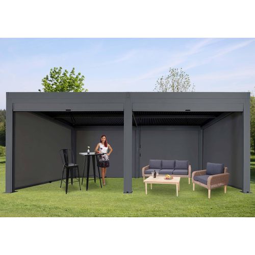 Pergola MCW-L46 mit 6x Seitenwand, Gartenpavillon Lamellen-Pavillon Rollo, 11cm-Alu-Gestell, sturmfest 3x6m anthrazit