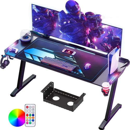 Homdox 160x70 cm Gaming-Tisch mit LED-Beleuchtung, Kohlefaseroberfläche, Kabelmanagement-Box, Becherhalter und Kopfhörerhaken, schwarz