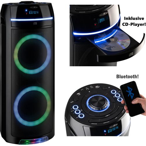 REFLEXION PS10BTCD Mobiler Bluetooth Partylautsprecher, LED Discobeleuchtung, mit eingebauten CD-Player, vielseitige Anschlüsse, Akku für 10 Stunden