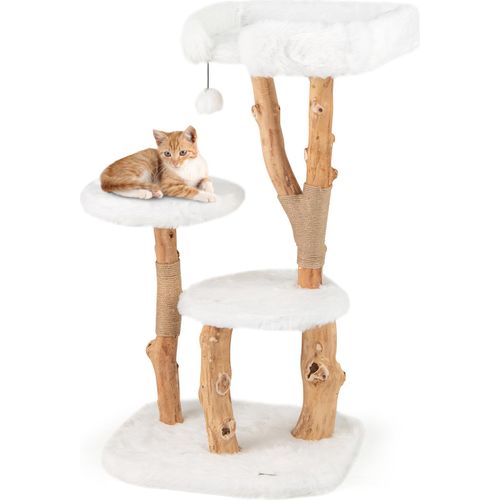 COSTWAY Kratzbaum 110cm, Katzenbaum mit Plüschsitzfläche, 2 Plattformen & Spielball, Katzenturm mit Kratzpfosten, Katzenmöbel Massivholz Weiß