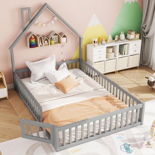 MODFU Kinder-Doppelbett mit Matratze 140×200 aus Holz, Jugendbett mit Rausfallschutz, Grau