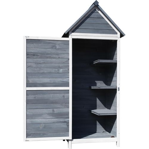 Wiltec Gartenschrank aus Holz grau 77x53x179cm mit Tür, Satteldach und Bitumenisolierung Gerätehaus Werkzeughaus Geräteschrank Werkzeugschrank Geräteschuppen