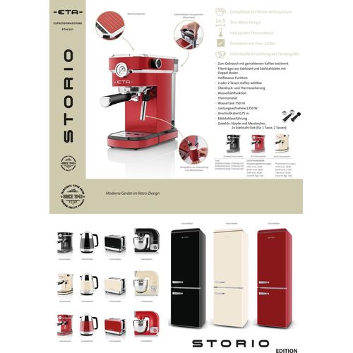 ETA Siebträgermaschine STORIO ETA618190020 Retro schwarz, 1350W, max.20 bar, Thermoblock