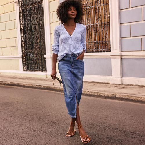 Soft Denim Bleistift-Midirock, Damen,  Blau, Elasthan/Baumwoll-Mischung, by Lands' End