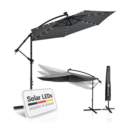 Juskys Ampelschirm Brazil 3,5 m LED-Beleuchtung Solar & Kurbel – UV-Schutz wasserabweisend knickbar